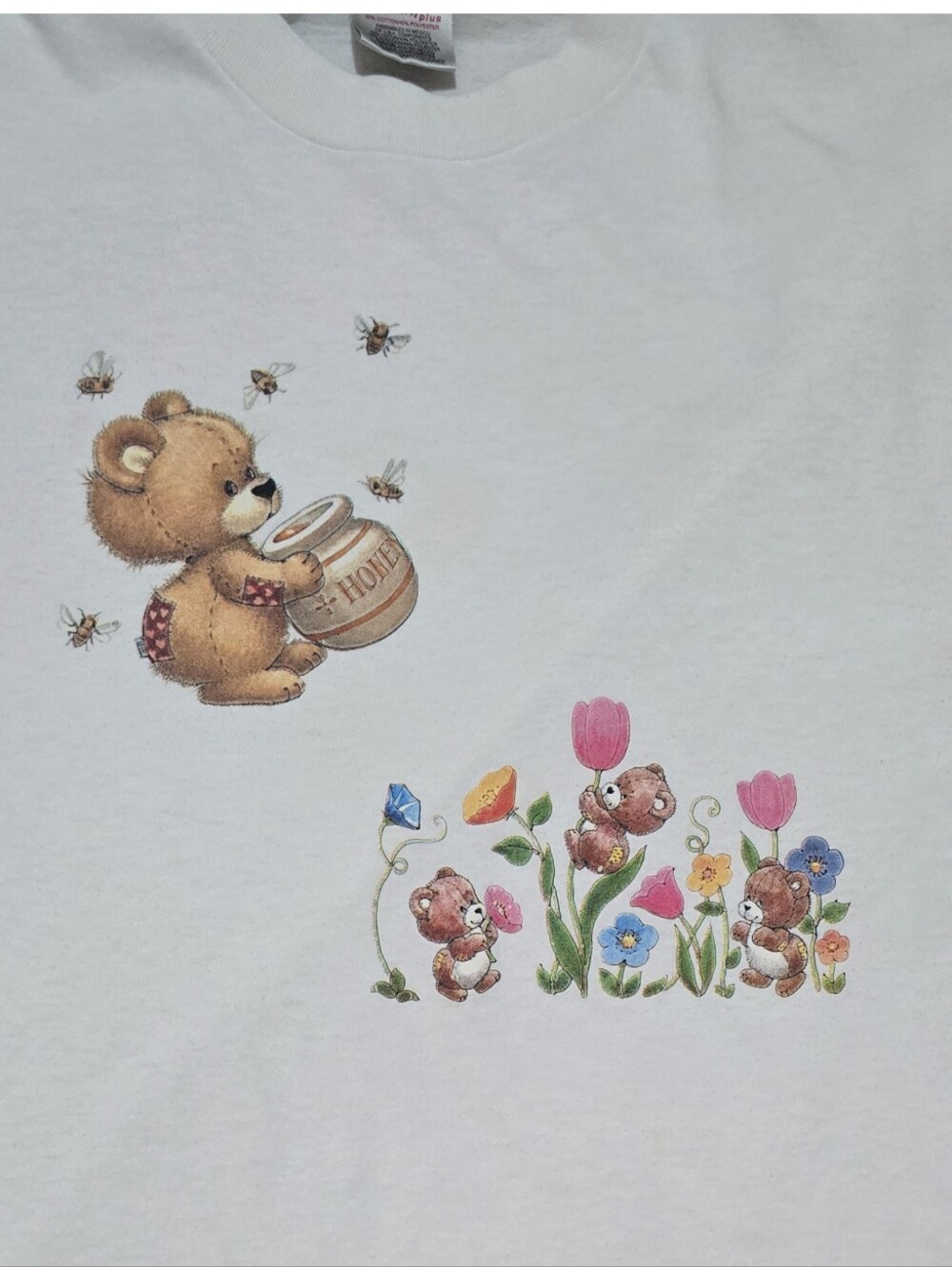 VINTAGE 90s Cute Bear With Honey And Flowers Single Stitch Shirt XXL - Picture 3 of 5